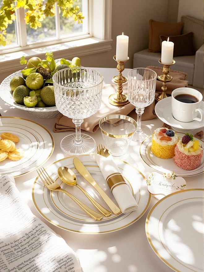 175PCS White and Gold Plastic Plates - Gold Plates with Rolled Napkins for Party - 25Guest Disposable Dinnerware Sets for Party/Wedding/Valentine's Day