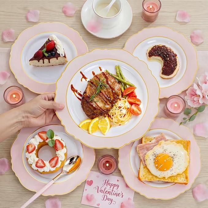 WDF 30Guest Pink Plates Disposable - Hign-end Baroque Design - Gold Plastic Silverware with Handle-Baroque Pink &Gold Plastic Dinnerware for Valentine's Day/Wedding