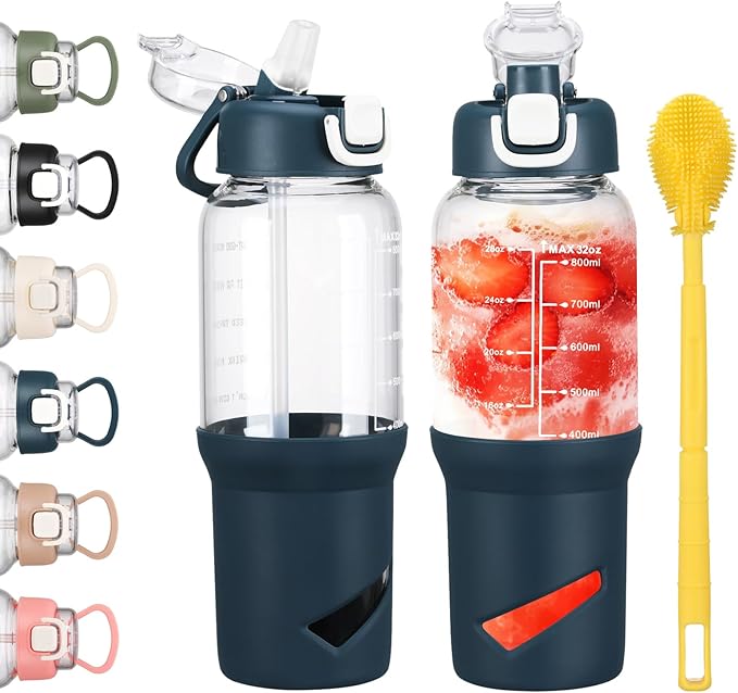 SIEROZUR 32 oz Glass Tumbler with Straw, Glass Water Bottles with 2 Lids-Handle Spout Lid & Straw Lid, 1 Liter Motivational Water Bottles, Silicone Sleeve, Fits Car Cup Holder,Dark Blue