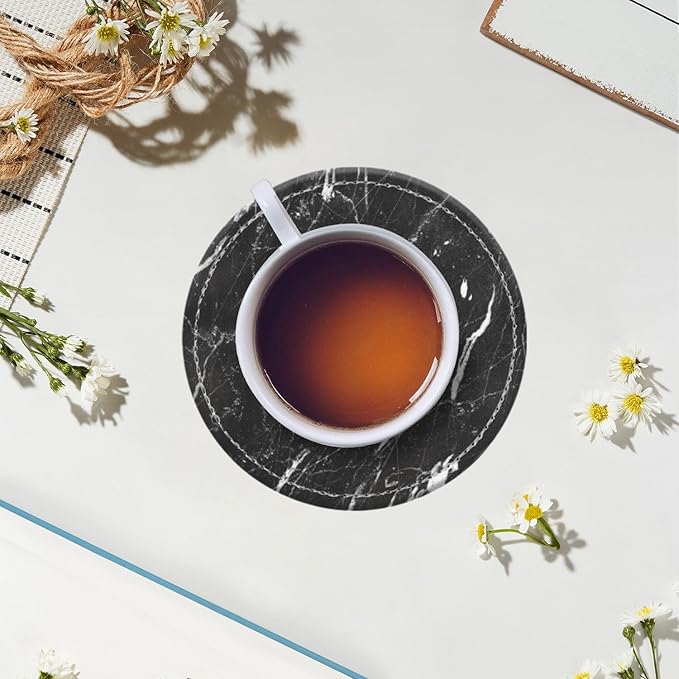 Coasters for Drinks PU Leather,Set of 6 with Holder,Round Housewarming Gift Home Decor,Black and White Marble