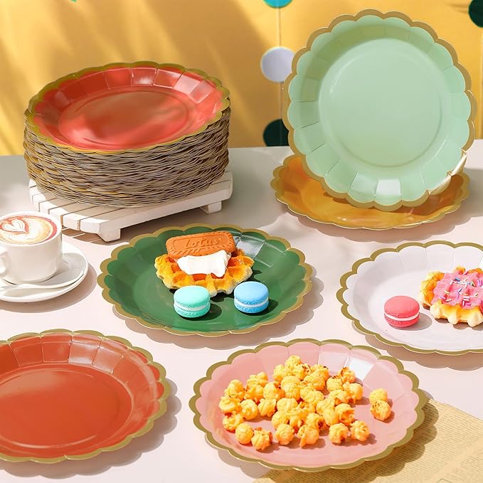 96 Pcs Fall Boho Paper Plates 9 Inch Gradient Scalloped Paper Disposable Dinner Dessert Plates for Birthday Wedding Bridal Party Supplies, 6 Colors