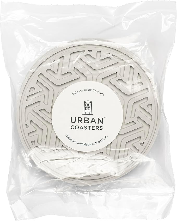 Drink Coasters for Tabletop Protection - Set of 4 No-Slip Silicone Rubber Coasters for Coffee Table, Desk & More - USA-Made Coasters for Drinks w/Liquid-Catching Grooves (Light Gray)