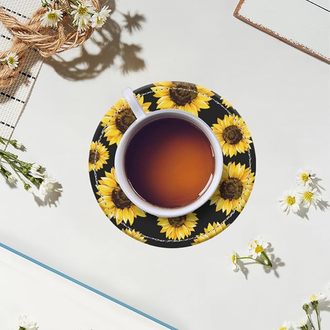 Coasters for Drinks PU Leather,Set of 6 with Holder,Round Housewarming Gift Home Decor,Sunflower On Black Background