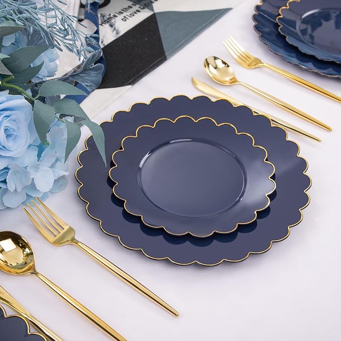 LIYH 60 Pcs Navy Blue Plastic Scalloped Plates with Gold Rim, Dark Blue Disposable Plates for Party Included 30 Dinner Plate 10.25 Inch,30 Dessert Plate 7.5 Inch Elegant Dishes Tableware