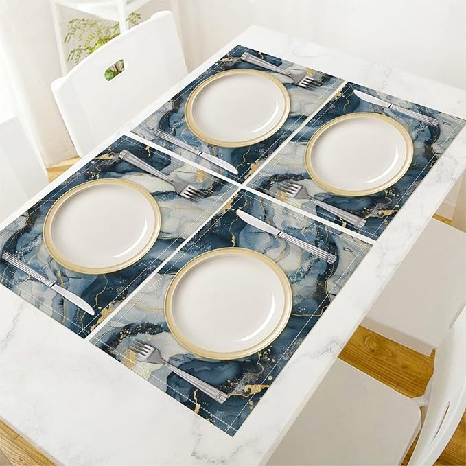 Marble Linen Placemats Set of 2, Modern Abstract Foil Stone Texture Gold Navy Blue Marble Washable Place Mats, Non Slip Placemat for Home Party Dining Tables Wedding Kitchen Banquets Decor 12x17 Inch
