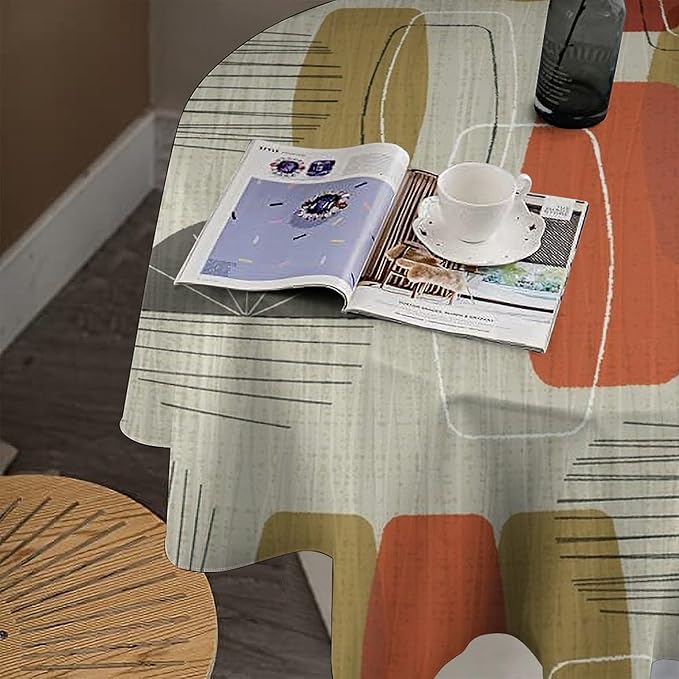Retro Medieval Bohemian Round Tablecloth, Modern Mid Century Geometric Abstract Print Tablecloth for Home Party Dining Room Kitchen Decor 36Inch(90cm)