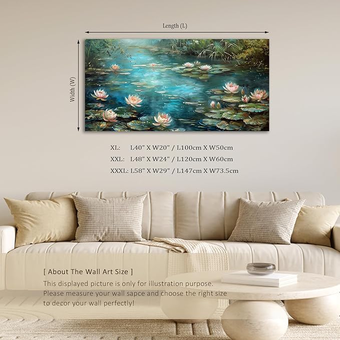 ADJUVANT Wall Art Impressionist Water Lily Pond 48" L x 24" W, Lotus Flower Canvas Painting Nature Artwork Green Water and Pink Blooms Prints Wall Decor for Living Room Bedroom Study Home Office