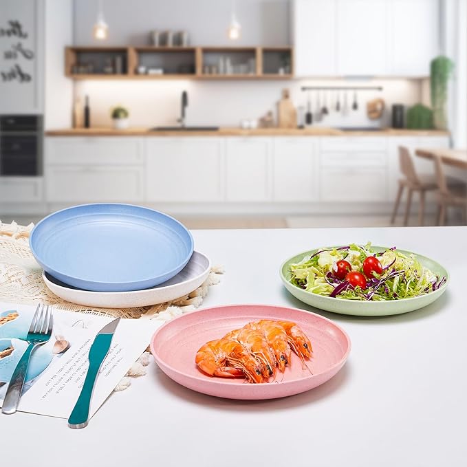 MISS BIG Wheat Straw Plates 8 inches,Plastic Plates Reusable Set of 8,Dinner Plates for Kids&Adults,Dishwasher & Microwave Safe,Eco-Friendly,BPA Free with 4 Colors