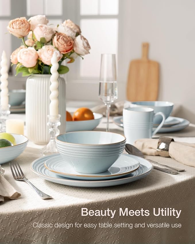 Famiware Jupiter Dinnerware Set, Plates and Bowls Dish Sets for 8 (24 Pieces), Microwave and Dishwasher Safe Stoneware Speckled Tableware, Chip and Scratch Resistant, Light Blue
