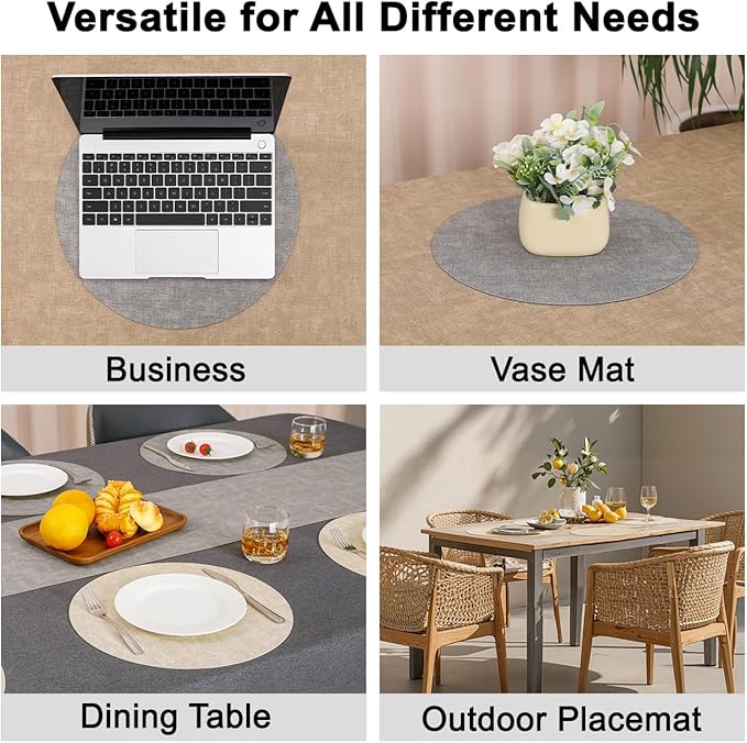 Myir JUN Reversible Vinyl Round Placemats Set of 6, Faux Leather Place Mats Dual Sided Waterproof Wipeable, Heat-Resistant Table Mats for Kitchen Dining Indoor Outdoor (14", Light Gray Cream-White)