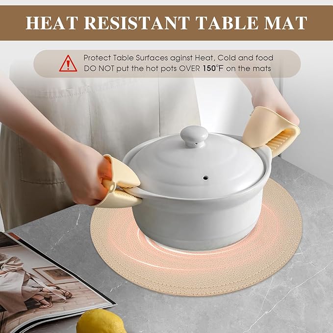 Set of 4 Faux Leather Gold Round Placemats and Coasters, Coffee Mats Kitchen Table Mats, Waterproof, Easy to Clean for Kitchen Dining Round Table