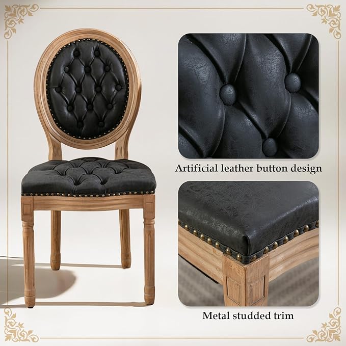 SoarFlash French Dining Chairs Set of 2, Vantage Dining Chair with Round Back, Wood Leg Farmhouse Country PU Leather Dining Chair for Kitchen,Bedroom,Black