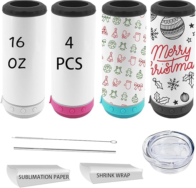 16oz 4pack Musical Speaker Insulated Mug, Straight Musical Mug with Straw, Lid, Reusable Travel Coffee Mug for Men and Women