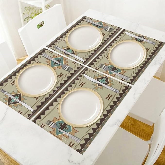 Southwestern Native Aztec Print Placemats Rustic Tribal Geometric Decorative Table Mat Antique Native Heat Resistant Place Mats for Dining Kitchen Party Holiday Decor 12x18Inch Set of 6