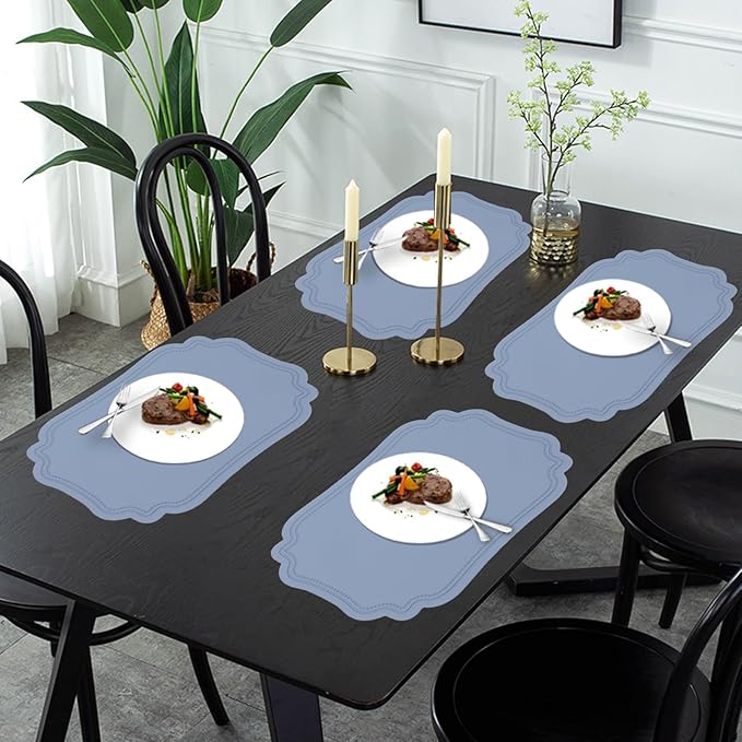 XINYUN Leather Placemats Set of 6 for Dining Table Blue Faux Leather Placemat Wipeable Heat Resistant Non Slip Waterproof Place Mats Anti Oil Eco-Friendly Decorate Table Mats Patio Placemats, Large