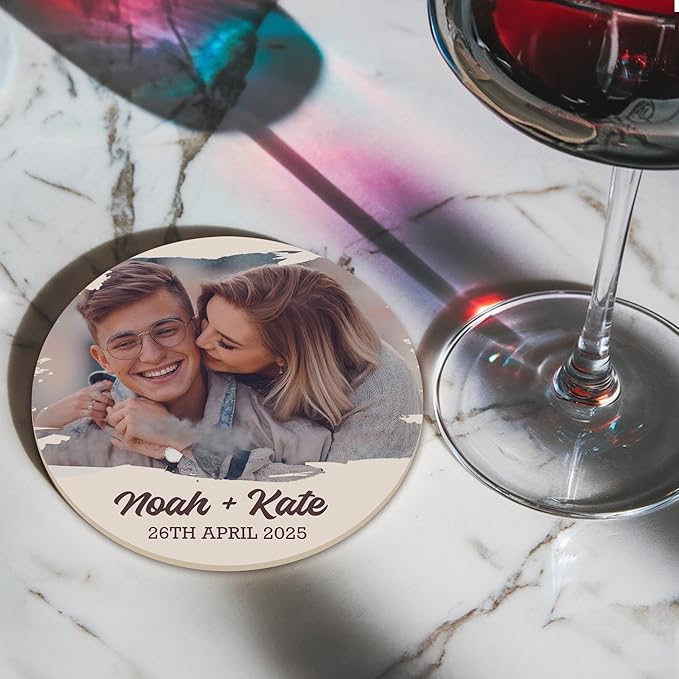 100 Pack Personalized Wedding Coasters, Custom Cardboard Coasters for Drinks with Photo Print and Text, Keepsake Wedding Favors and Gifts for Couples, 3.95" Round (Design 6)