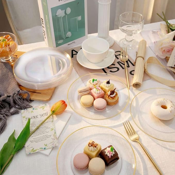 Rubtlamp 200Pcs Clear Gold Dessert Plates With Plastic Gold Forks, 100pcs 7.5inch Plates For Appetizers,100pcs 7.8inch Premium Forks Disposable, Cake Platos Disposable for Wedding