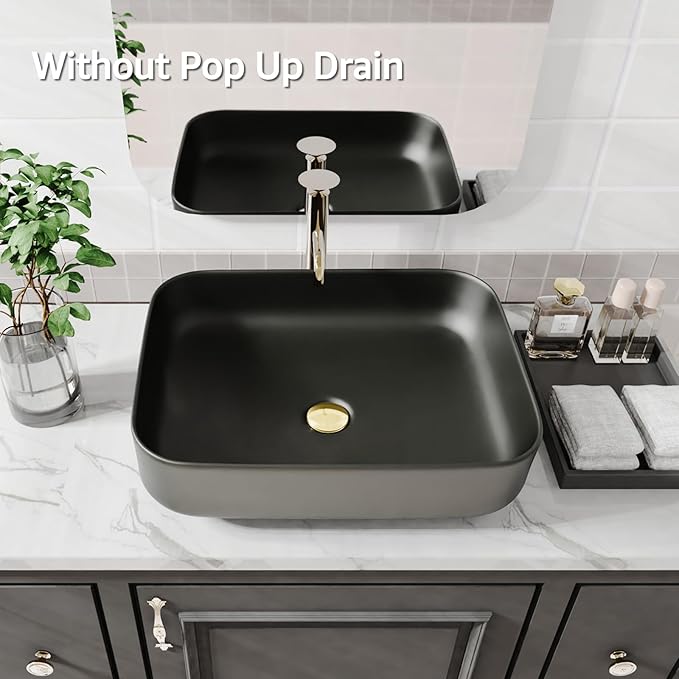 ELLAI Bathroom Vessel Sink Rectangle Above Counter Porcelain Ceramic Top Mount Rectanglar Countertop Sink for Bathroom 19.7"x15.2"x5.4" Matte Black