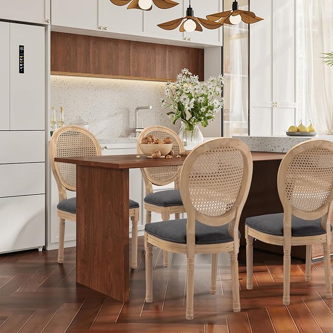 SoarFlash French Dining Chairs Set of 4, Vantage Dining Chair with Round Back, Farmhouse Country Rattan Dining Chair for Kitchen,Bedroom,Deep Grey