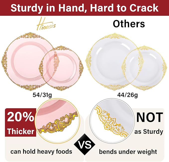 Hioasis 175pcs Pink and Gold Plates - Pink Party Plates for 25 Guest, Include 50 Heavy-duty Plates(20% Thicker Than Standard), 75 Cutlery Set, 25 Napkin, 25 Cups