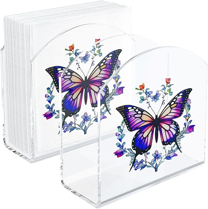 Butterfly Decor Napkin Holder for Table, 2 Pack 5"x5" Spring Paper Holder for Kitchen, Party, Dining Restaurant, Bar Summer Rustic Cocktail Paper Napkin Dispenser for Table Decoration Gift