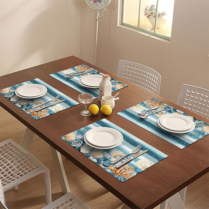 Ocean Seashell Placemats Set of 6, Beach Starfish Place Mats, Coastal Marine Life Waterproof Washable Table Mats for Home Party Indoor Kitchen Dining Table Decoration 12x18 Inch