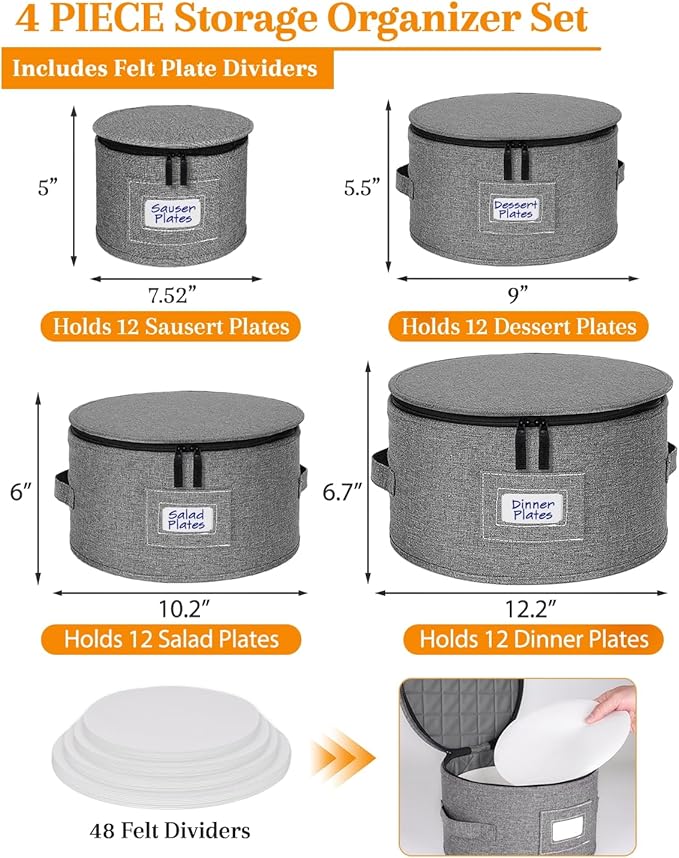 punemi China Storage Containers, Dish Storage w/Hard Shell Top Side Bottom Support & Felt Dividers for Charger Plates Dinnerware, Perfect for Moving Supplies, 4 set Stackable Fine China Storage, Gray