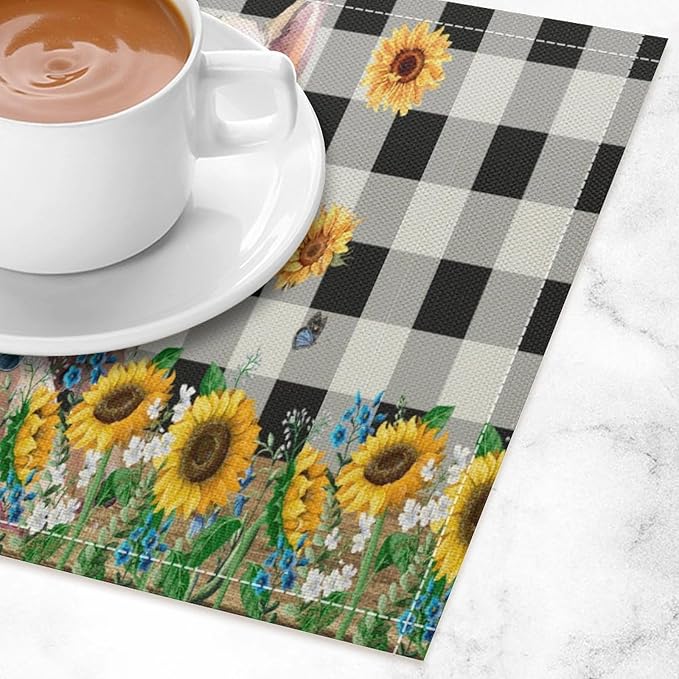 Rustic Pig Placemat Set, Vintage Farmhouse Cute Animal Sunflower Floral Black White Plaid Blue Bowknot Pattern Home Decor Table Mats for Dining Room Kitchen Party (17x12in) x4P