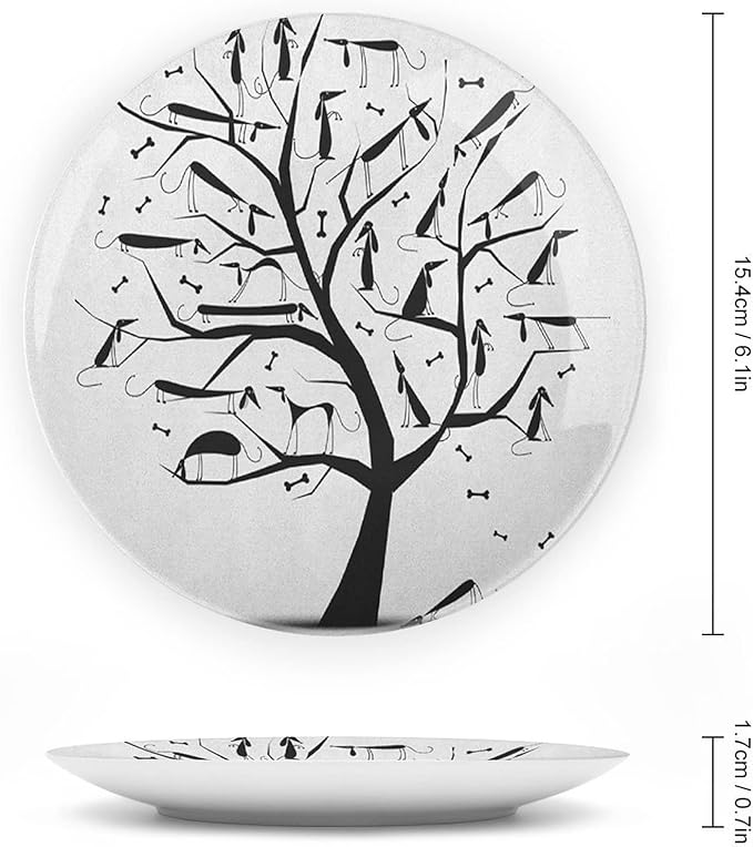 Ceramic Display Plate, Abstract Ceramic Hanging Decorative Plate, Monochrome Autumn Season Tree with Dog on The Branches, 8 Inch, Household Custom Ceramic Plate, Black and White