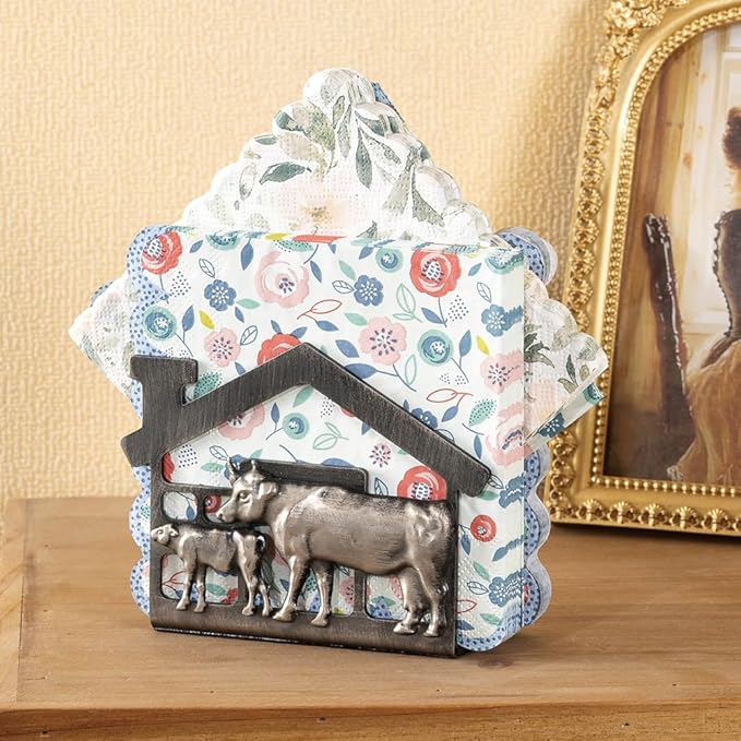 Metal Napkin Holder for Tabletop, Rustic Farmhouse Cow & Calf Napkins Holder for Paper Napkins, Vintage Metal Tissue Napkin Dispenser, Napkin Table Decor for Kitchen (Cow and Calf/Black)