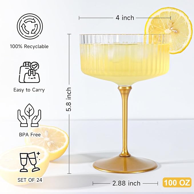 XUWAIDSGN 100 Pcs Champagne Martini Glasses 9 Oz with Gilded Removable Gold Rim Coupe Glasses Pink Martini Glasses Plastic Mimosa Vintage Coupe Glasses Set For Wedding Anniversary (100, Ribbed Gold)
