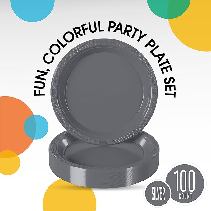 Party Solids Silver Plastic Plates For Party 10" Silver Disposable Plates Heavy Duty 100 Pcs Plastic Dinnerware Sets Heavy Duty 350 GSM Disposable Dinnerware Set