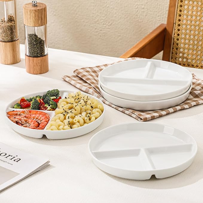 8" Ceramic Divided Plates Set - 4Pcs, Portion Control Plate, Bariatric Plate for Kids Adults, 3 Compartment Plates, Dinner Plates for Balanced Meal, Oven, Dishwasher Safe, White