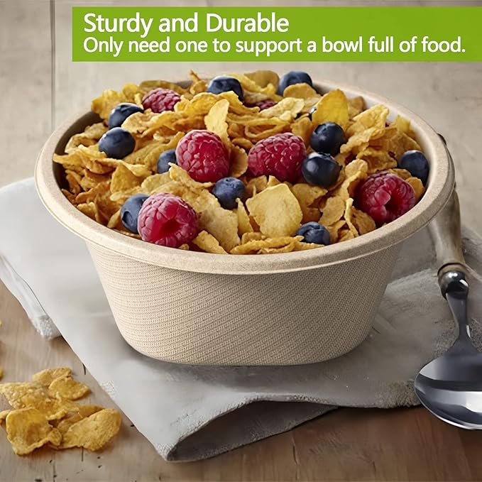 32 Oz Deep Paper Bowls Disposable Bowl - Disposable Heavy Duty Compostable Bowls, Eco-friendly Sugarcane Bagasse Biodegradable Bowl for Soup, Salad, Dessert, Ice Cream [50 Pack without Lds]