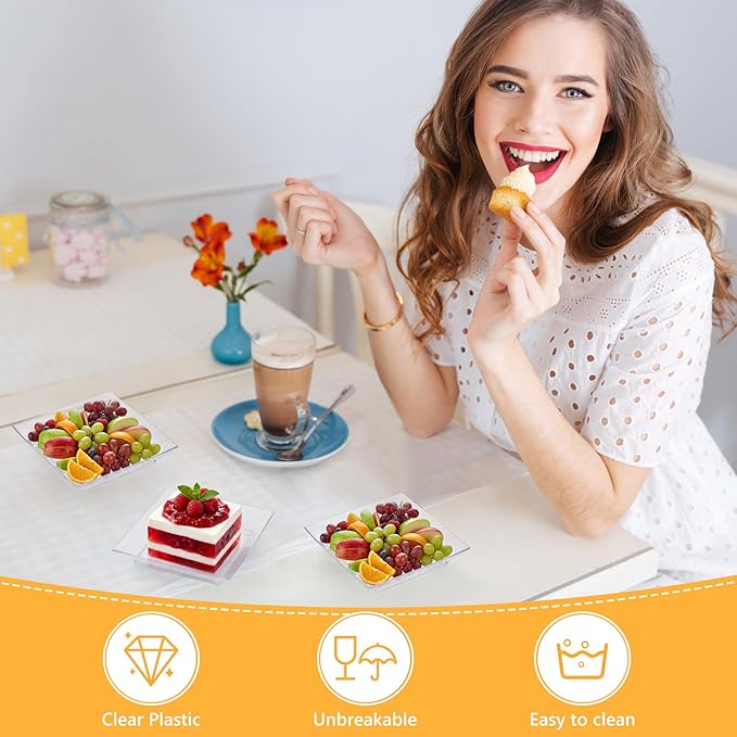 200 Pieces Mini Square Dessert Plates Disposable Appetizer Plates Small Plastic Dish for Dessert Salad Appetizer Sauces Tastings Cake Wedding Party Serving (3.54 x 3.54 Inch,Clear)