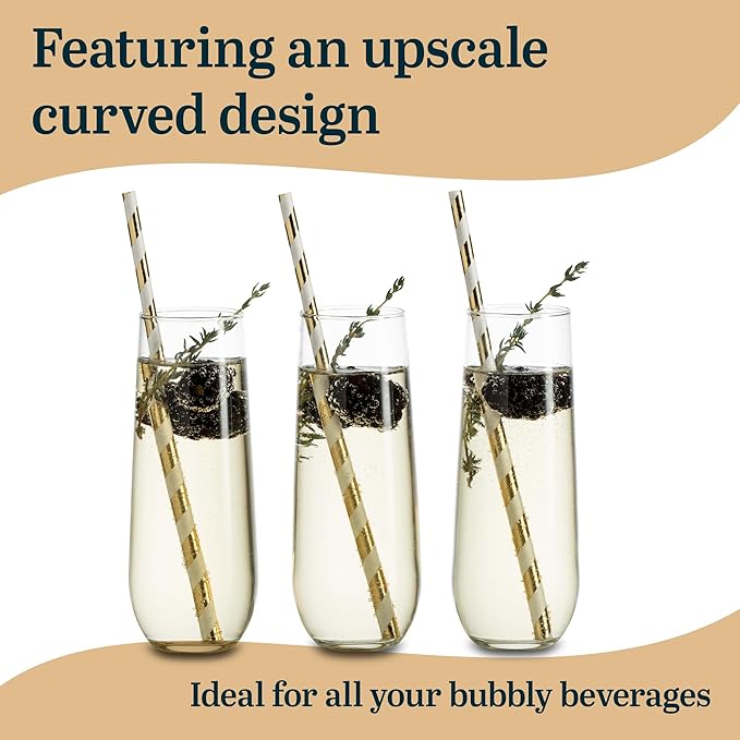Libbey 228 Stemless Champagne Flutes Glass Set of 12, Elegant 8.5 Oz Flute Glasses for Champagne, Clear Fluted Glassware