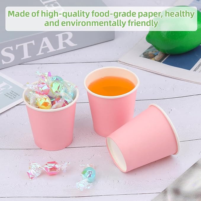 Wuadua 100 Pack 3 oz Pink Disposable Paper Cups - Sturdy and Leak-Proof for Parties, Events, Office, Home Use Disposable Mouthwash Cups - Ideal for Hot/Cold Drinks, Smooth Rim Design, Eco-Friendly