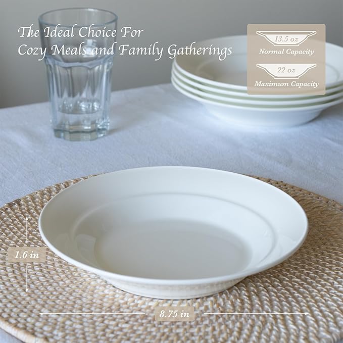 Ceramic Pasta Bowls Set of 6– 13.5oz/22oz Porcelain Soup & Salad Bowls, Wide Rim, Oven/Dishwasher Safe – Elegant White Dinnerware for Italian Dishes