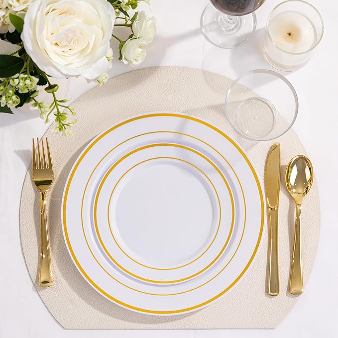 WELLIFE 600 PCS Gold & White Disposable Dinnerware Set for 100 Guests — White Plastic Plates with Gold Rim, Dinner & Salad Plates, Cups, Forks, Knives & Spoons for Weddings & Elegant Events