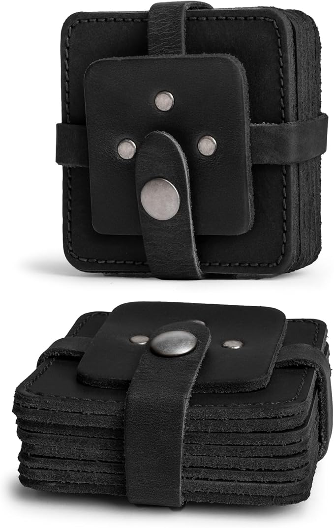 Hide & Drink Leather Coasters Set of 8, Premium Leather Table Protection for Drinks, Elegant Accessory for Home/Office, Protects Surfaces, Bourbon Table Coasters, Bar, Western (Charcoal Black)