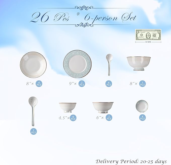 Fine Bone China Dinnerware Set,Porcelain&Ceramic Dinnerware Sets,Bone Stoneware & Ceramic Cookware Tableware Set Includes Dinner Plates|Spoons|Pasta Bowls|Soup Pot|Chopsticks (26PCS * 6-Person Set)