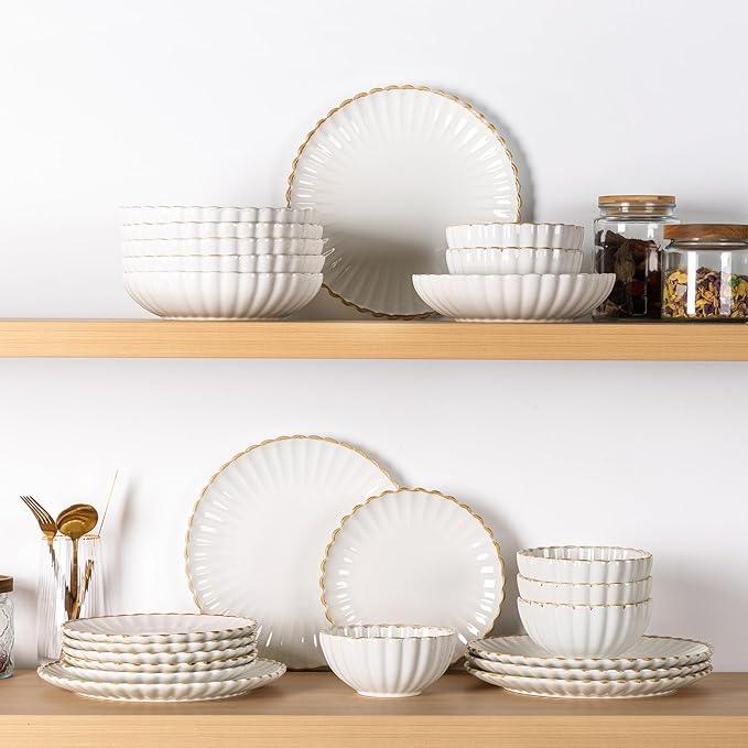 GBHOME Stoneware Dinnerware Sets for 4,Handcrafted Embossed Design Reactive Glaze Ceramic Plates and Bowls, Dishwasher and Microwave Safe, Service for 4(12pcs),Pearl White