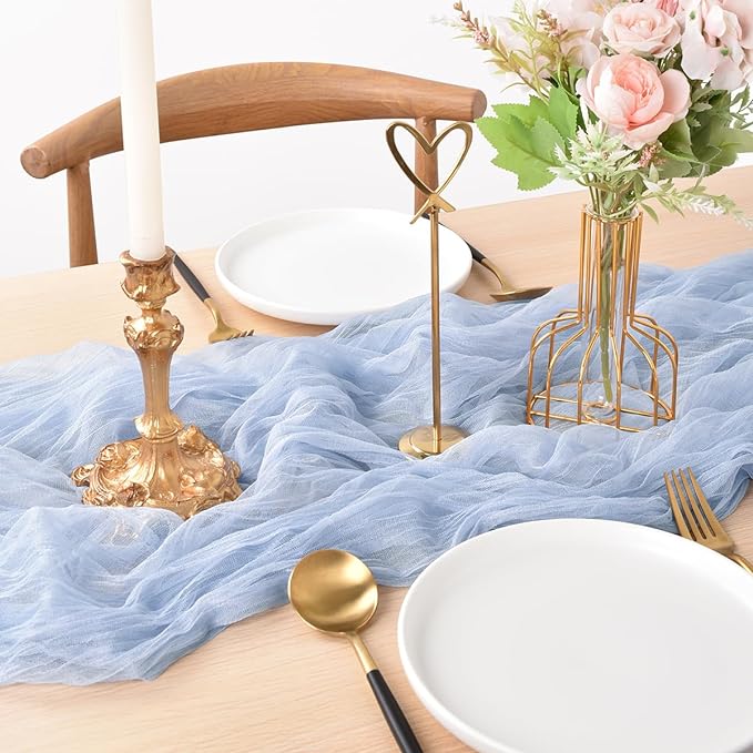 Joanlody Blue Cheesecloth Table Runner Spring Easter 10Ft Rustic Gauze Boho Cheese Cloth Table Runner for Wedding Bridal Baby Shower Decoration