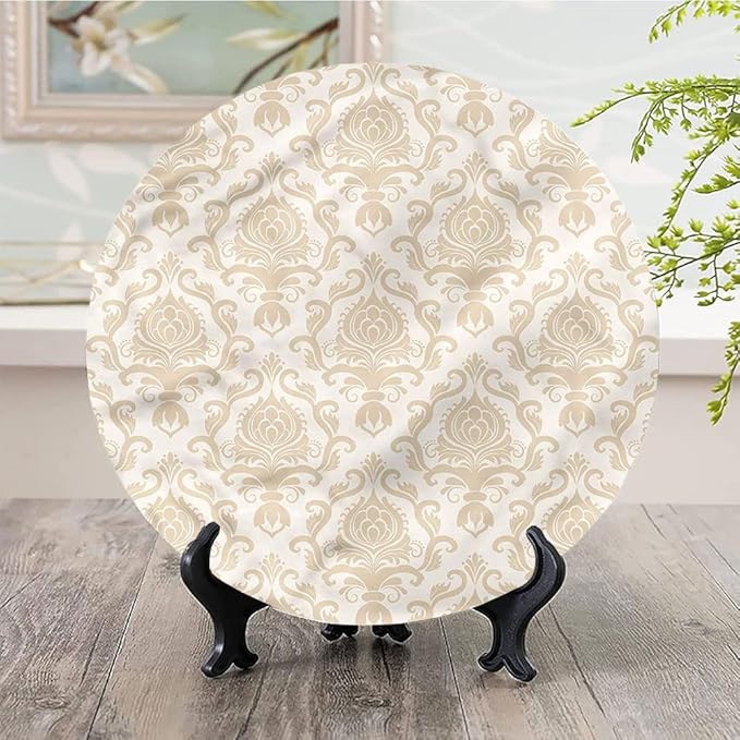 Ceramic Display Plate, Victorian Ceramic Hanging Decorative Plate, Flourishing Flowers Motif, 6 Inch, Living Room Kitchen Decoration Household, Golden