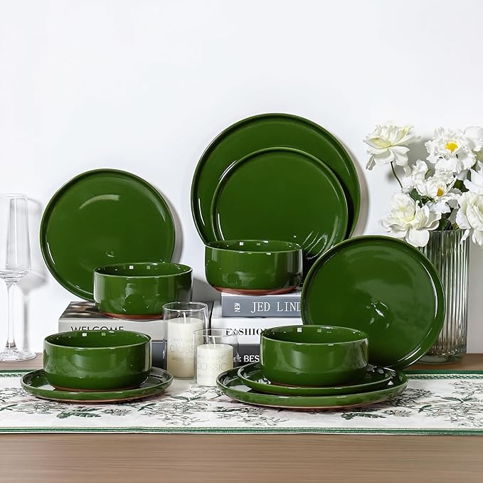 GZG Modern Art Series - 24 Pcs Speckled Stoneware Plates and Bowls Sets, Ceramic Dinnerware Set with Rustic Terracotta Underside, Microwave and Dishwasher Safe Handcrafted Dishes Set - Verdant Green