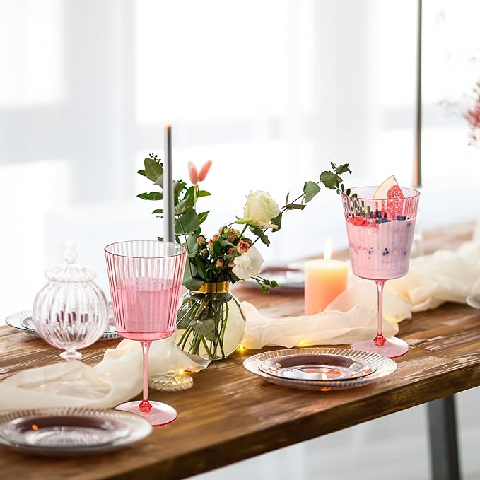 48 PCS Pink Plastic Wine Glasses with Removable Stems 13.5 Oz Pink Ribbed Wine Glasses Square White Wine Glass Muted Pastel Colors Goblets Elegant Fluted Glassware for Wedding Anniversary Birthday
