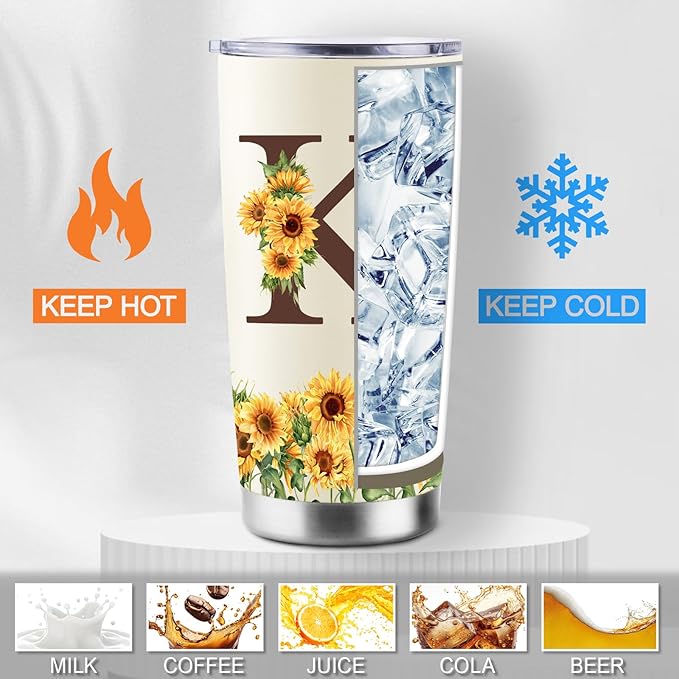 Sunflower Gifts for Women - Personalized Gifts for Women - Birthday Gift for Woman - Mothers Day Gift for Mom - Monogrammed, Initial 20oz Travel Cup Insulated Tumbler with Lid, K