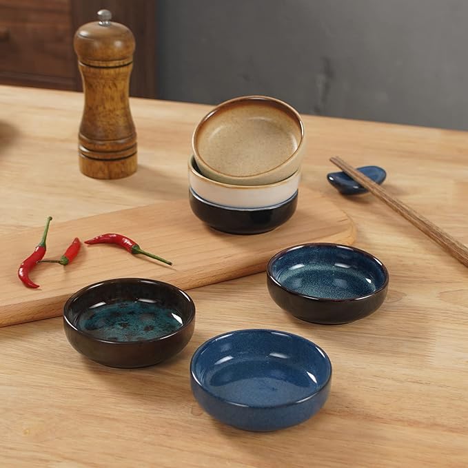 3.35 Inch Ceramic Soy Sauce Dish,Pinch Bowl,Small Dipping Bowls for Side Dishes,Appetizers,Condiments-Set of 6(Assorted Colorful)