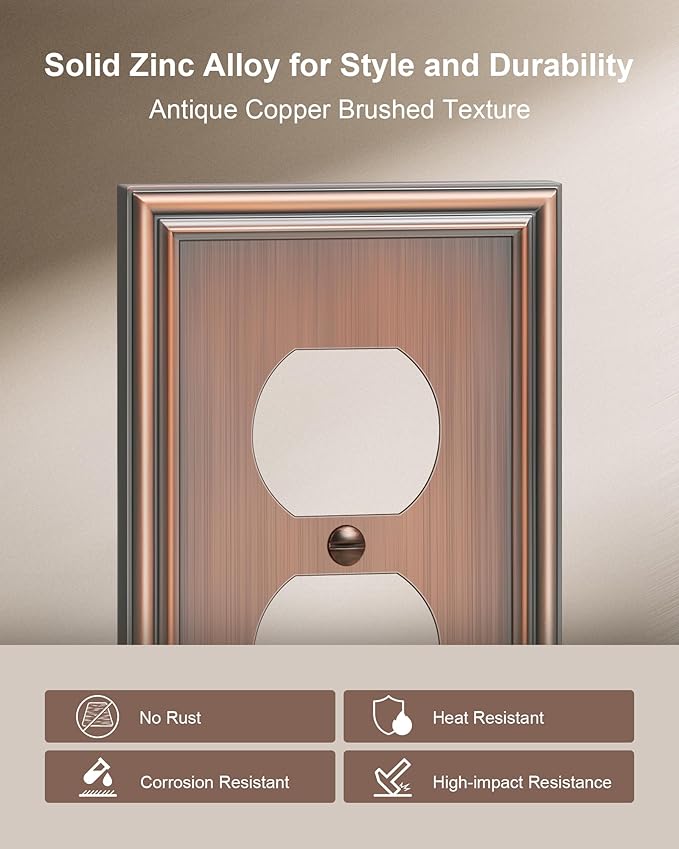 2-Pack Single Duplex Outlet Cover Plate, Decorative Antique Copper Switch Plates and Outlet Covers, Metal Wall Plates for Electrical Outlets, 1 Gang Receptacle Cover, Corrosion Resistant