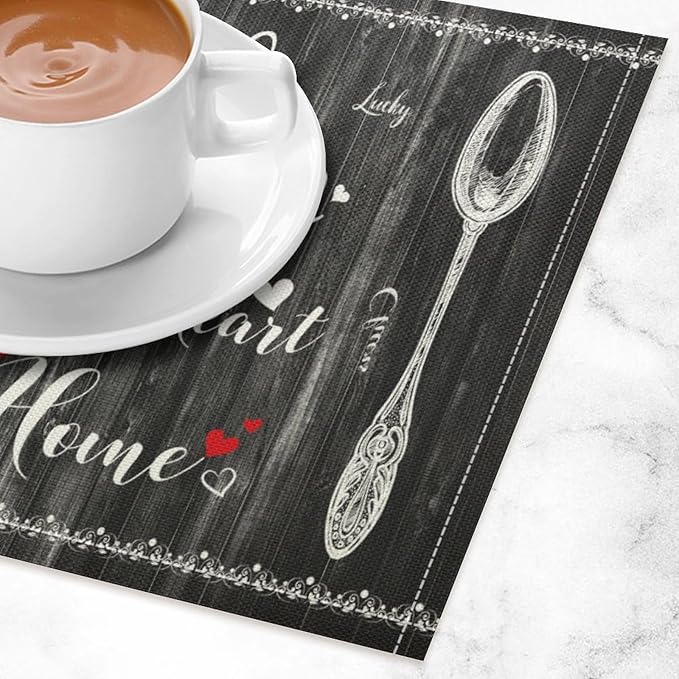 Vintage Farmhouse Placemat Set, Minimal Black White Rural Plank Art Sketch Cutlery Knife Fork Inspirational Quotes Pattern Home Decor Linen Table Mats for Dining Room Kitchen Party (17x12in) x4P